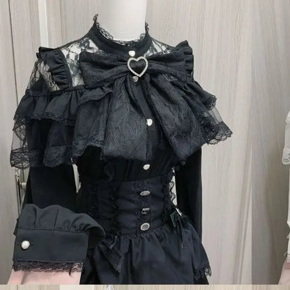 Japanese Mine Lolita Bow Shirt Subcultural Shirts Female Cute Black and White Lace Long-sleeved Short-sleeved Blouse Women