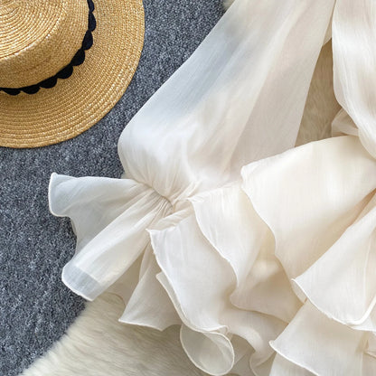 SINGREINY 3D Floral Strand Kurzes Kleid Weibliche Lange Ärmel Spitze Up Rüschen Chiffon Kuchen Sommerkleid Sheer Sexy Vintage Bohemian Kleid