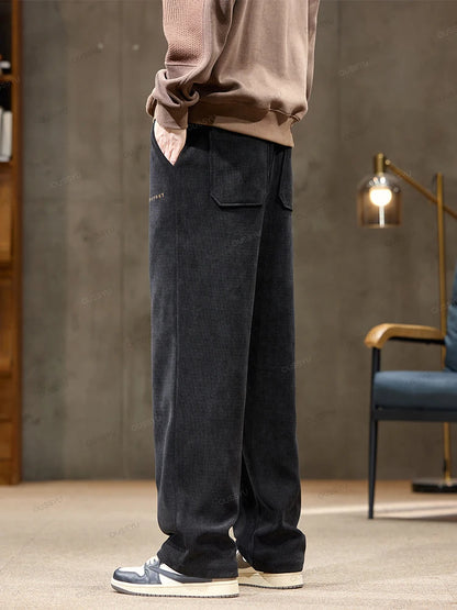 High Quality Brand Clothing Autumn Winter Corduroy Pants Men Elastic Waist Straight Thick Korea Outdoors Casual Trousers Gift.