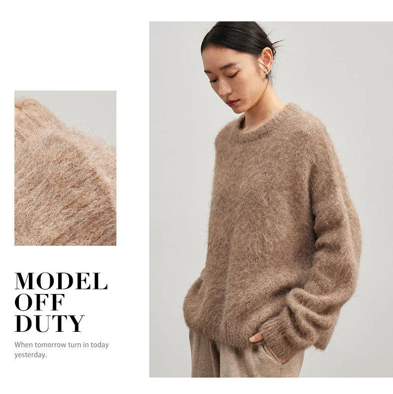 SuyaDream Warm Alpaca Pullovers for Woman, Dropped Sleeved Loose Sweaters, 2025 Fall Winter Top, Camel, Beige.