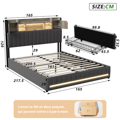 Rosahqnda gepolstertes Doppelbett mit LED-Kopfteil und USB-Anschluss, Stauraumbett mit 4 Schubladen, Leinen, ohne Matratze