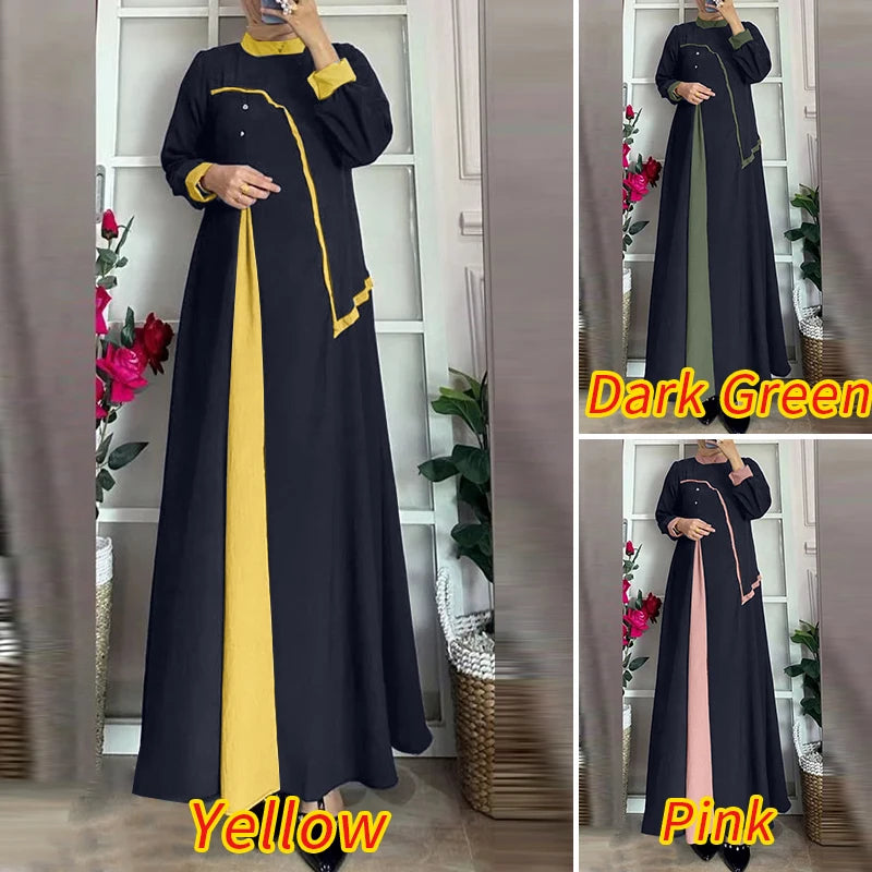 ZANZEA Women Autumn Patchwork Long Sleeve Maxi Dresses Muslim Turkey Abaya Dress Hijab Sundress Robe Femme Loose Vestidos Kaftan.