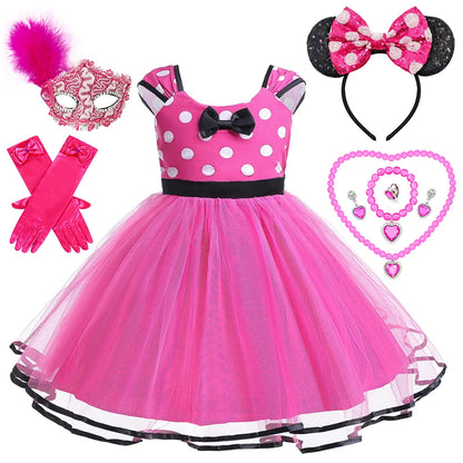 Disney Minnie Maus Polka Dot Kleid Mädchen Rosa Rot Sommer Kleidung Kinder Geburtstag Karneval Weihnachten Party Bogen Mesh Kleid Kostüme.