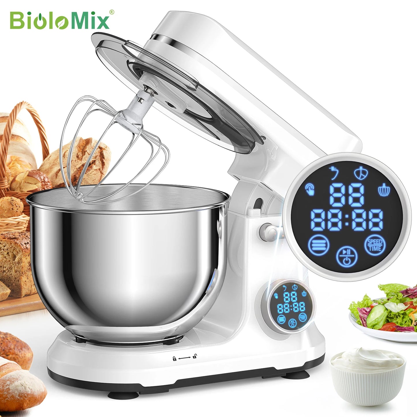 BioloMix Kitchen Food Stand Mixer, 1200W 11-Speeds DC Motor, Digital OLED Screen, Electric Food Mixer with Dough Hook, Whisk.