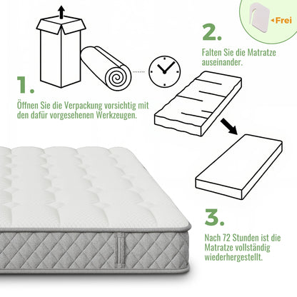 Orthopädische Kaltschaummatratze, 90 x 200 cm, mit 7-Zonen-Taschenfederkern, Festigkeitstufe H3 (mittelfest)