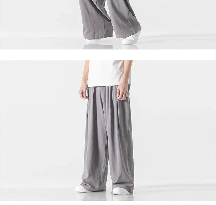 Hanfu Spirit Draped Linen Pants For Men Straight-leg Casual Trousers Chinese Style Loose-fit Ancient Wide-leg Song Trousers.