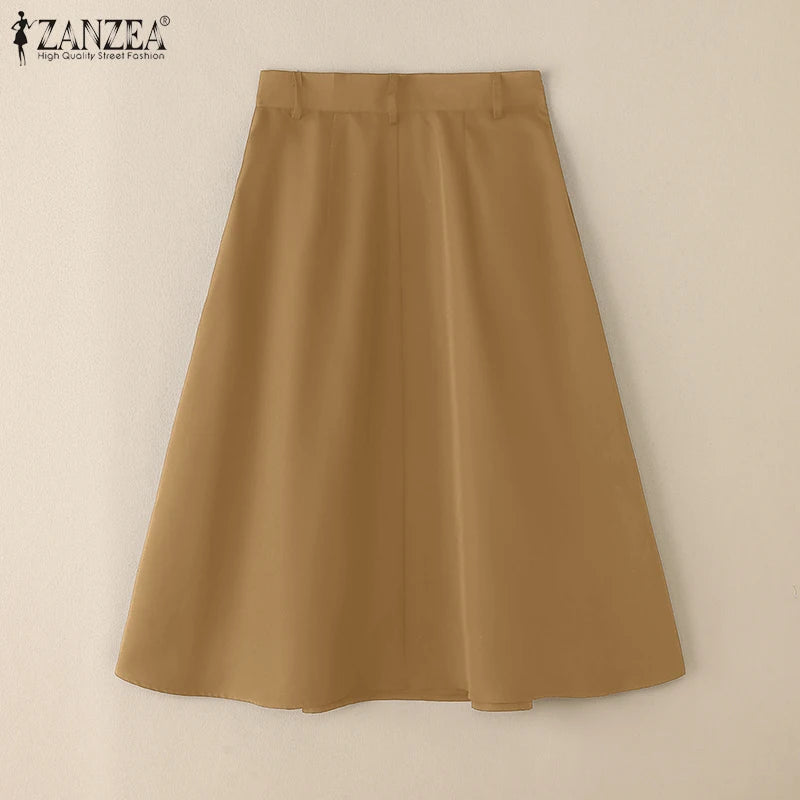 ZANZEA Summer Solid Midi Skirt Elegant Women High Waist Work OL Skirts Fashion A-line Jupes Stylish Party Faldas Saia  Plus Size.