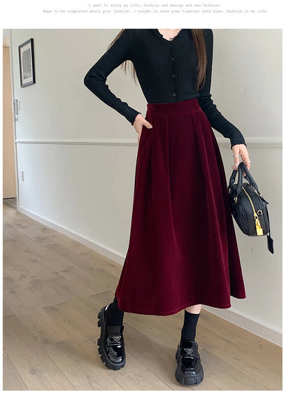 Autumn Winter Warm Vintage Red Elegant Velvet A-line Skirt For Women 2023 High Waist Casual Black Party Pleated Big Swing Skirts.