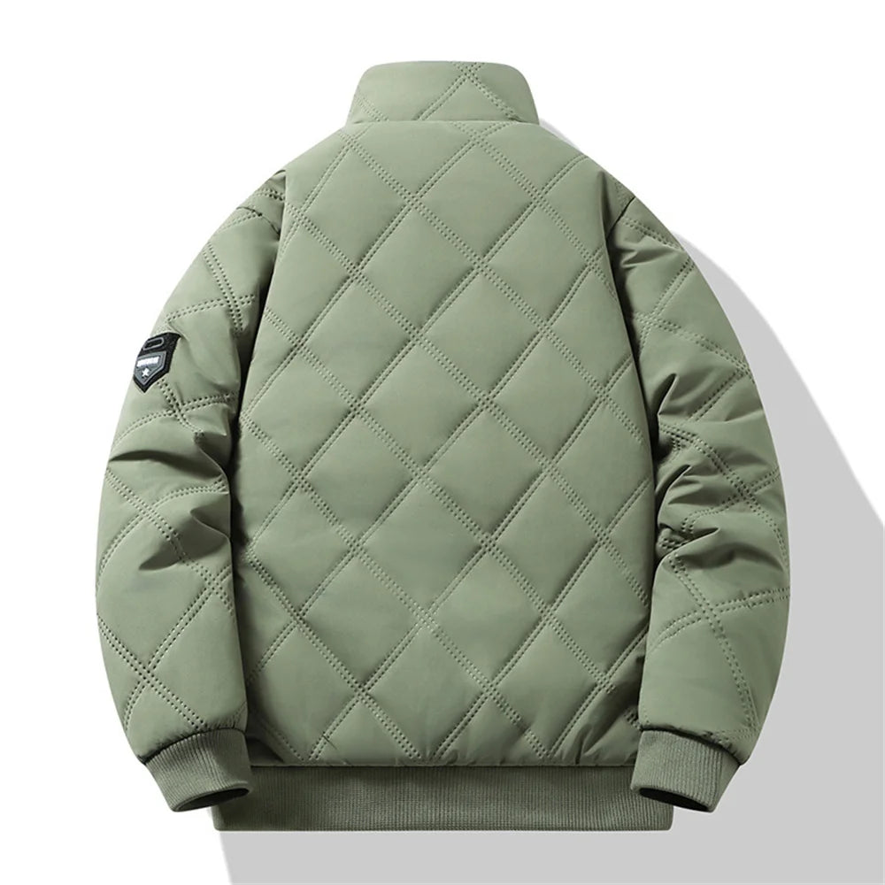 New Windproof Thermal Diamond-Quilted Cotton Jacket Winter Men's Fleece-Lined Thickened Cuff Design Stand-Up Collar Jacket.