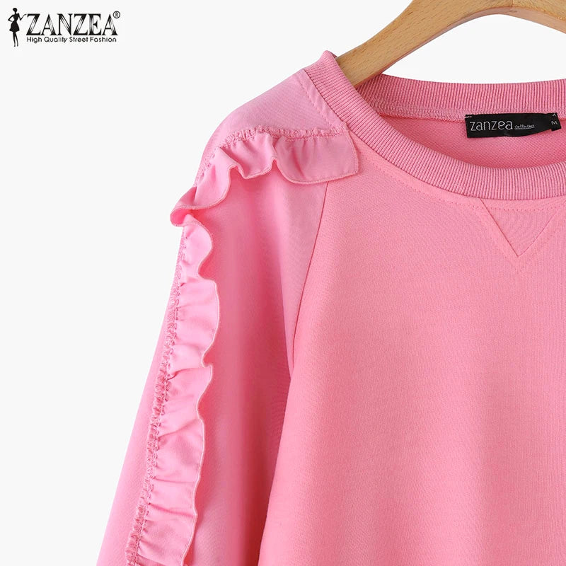 ZANZEA Plus Größe Frauen Solide Sweatshirts Herbst Rüschen Nähte Tops Vintage Oansatz Lässige Mode Lange Puff Sleeve Pullover.