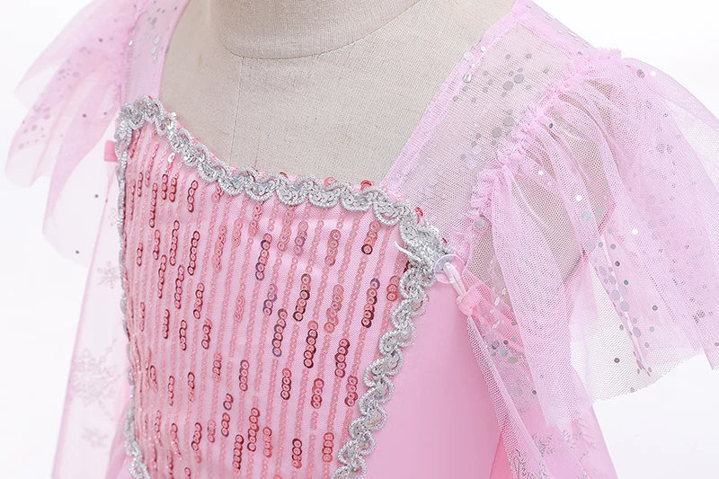Mädchen rosa Pailletten Mesh Prinzessin Kleid, Mesh kurze Ärmel, mit Umhang, geeignet für Party, Tanz, Performance, Karnevals kleid