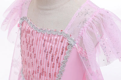 Mädchen rosa Pailletten Mesh Prinzessin Kleid, Mesh kurze Ärmel, mit Umhang, geeignet für Party, Tanz, Performance, Karnevals kleid