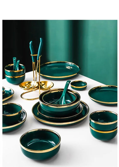 High-end Green Ceramic Plate Home Porcelain Dinner Plate Exquisite Ceramic Bowl Custom Large Size Fish Plate Kitchen Accessories.