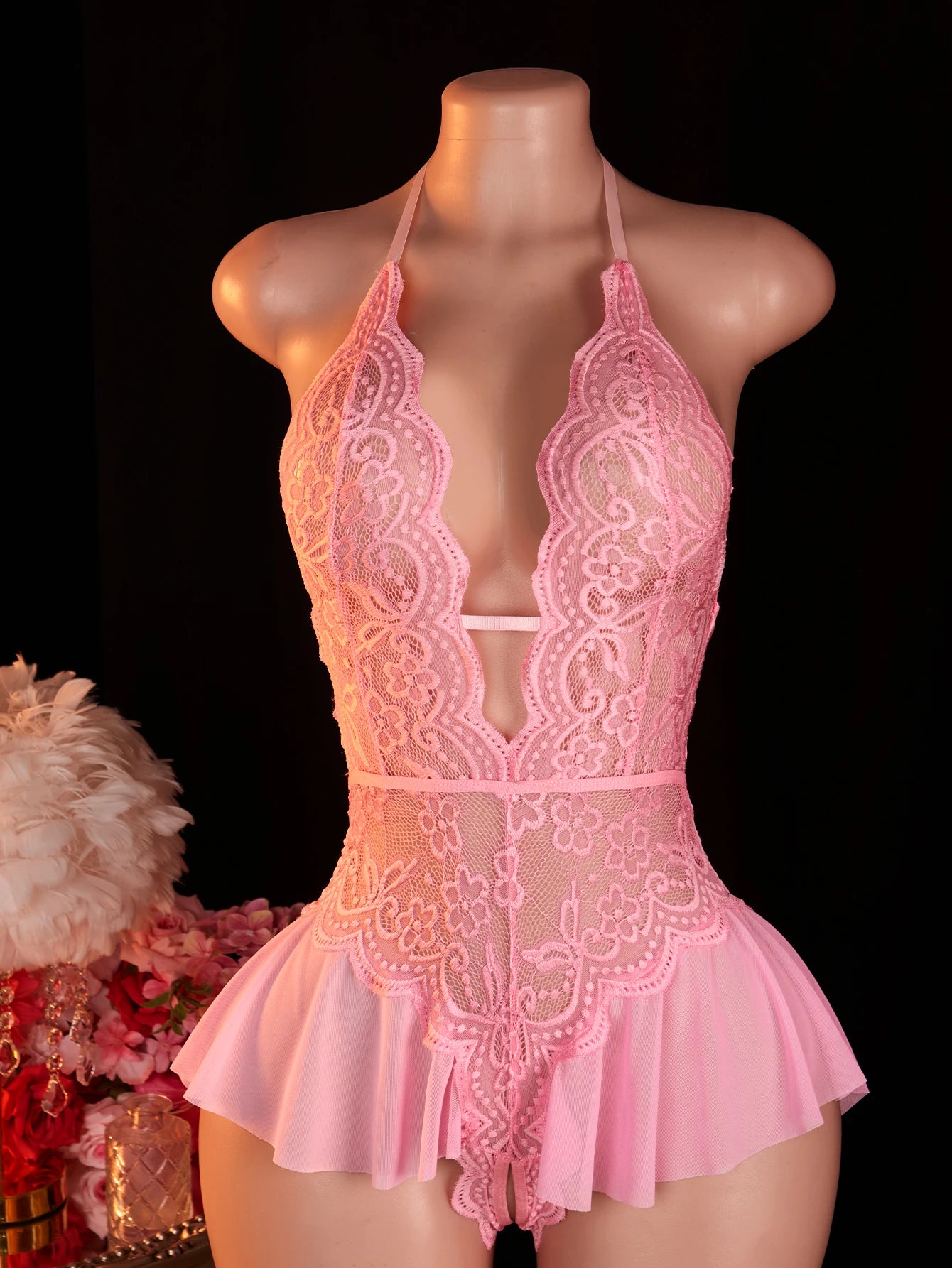 Pink Sexy Lace Bodysuits Crotchless Deep V Open Teddy Babydoll Sheer Sleepwear Elegant & Seductive Erotic Lingerie For Women.
