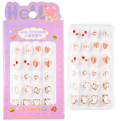 24Pcs/box Kids nails for Girl Cartoon Pattern False Nail Cute Child Fake Nails Tips Kawaii Acrylic Artificial Press on Nail+Tool