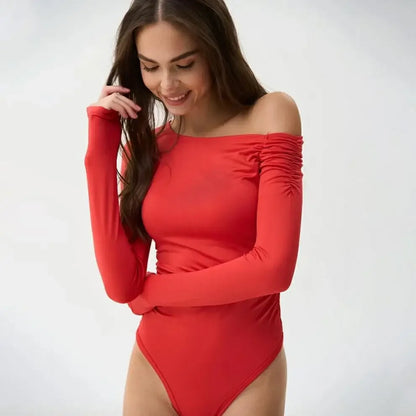 Fashionable Long Sleeve One Shoulder Pleated Romper Base Shirt T Shirt Women's Clothing Elegant Slim Fit Overall Fashionable Bas.