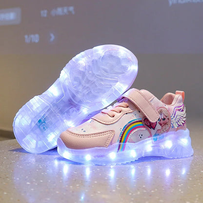 Disney Children's Casual Shoes LED Rechargeable Luminescent Shoes  Cartoon Princess Elsa Girls Pink Sports Sneakers Size 26-35.