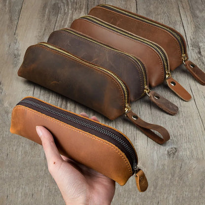 Vintage Leather Pencil Bag Simple Stationery Hoder Pen Case Storage Bag Zipper Pencil Pouch Glasses Box School Supplies.