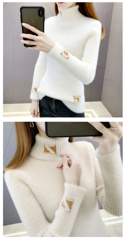 Hoher Kragen Pullover Pullover Frauen Nerz Brief Jacquard Unterlage Solide Western Stricken Unterwolle Herbst Winter Pullover Pullover