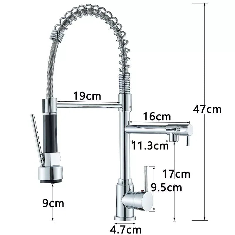Chrome Brass Kitchen Sink Faucet Pull Down Hot and Cold Water Mixer2 Mode Tap with Dual Spout 360 Rotation Flexible Deck Mounted