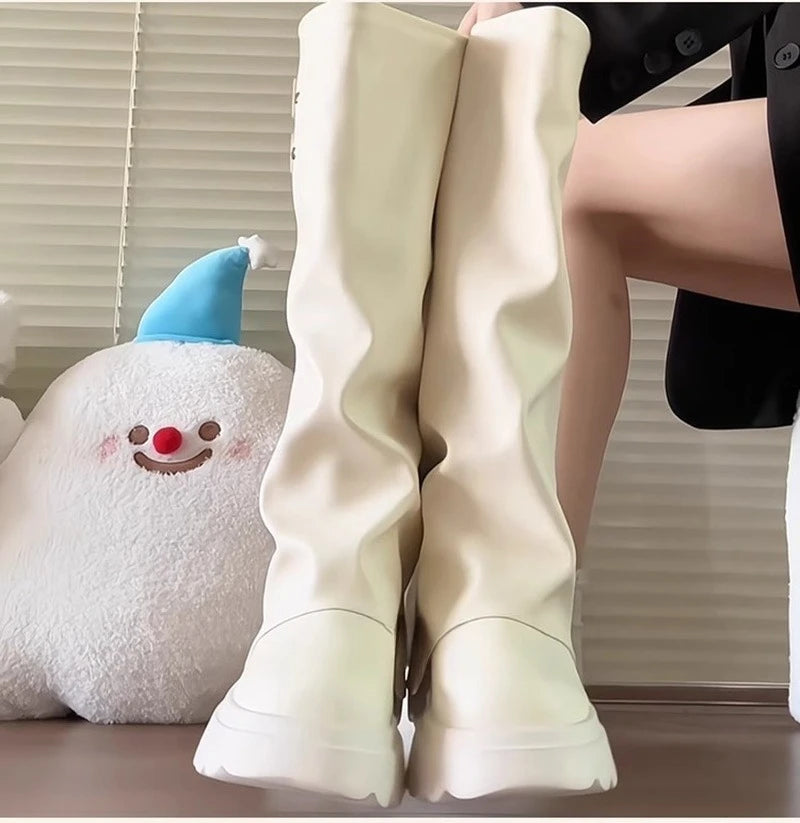 Punk Style Splicing Thick Bottom Women Knee-High Boots Fashion Zipper Female Pleated Knight Long Booties Shoes.