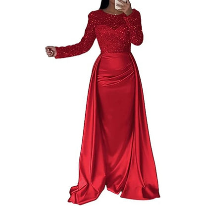 2024 neue Jahr Frauen Abendkleid Elegante Pailletten Patchwork Schlank Bankett Kleid Dame Temperament Lange Ärmeln Plissee A-line Kleid.
