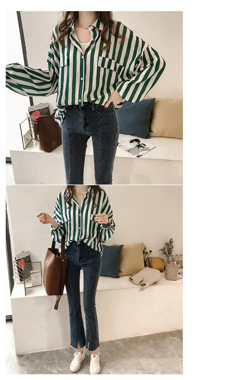 1pcs Woman Spring Autumn Stripe Shirts Lady Casual Long Sleeve Turn-down Collar Loose Shirt Female Chiffon Temperament Tops.