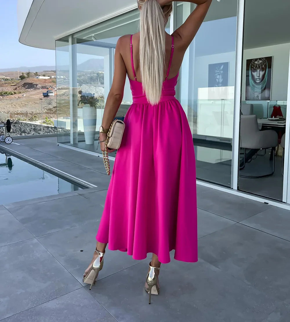 Damenbekleidung im neuen Stil von Amazon, Tank-V-Ausschnitt, großes Swoop-Kleid, schlank, dass Sie Ihre Silhouette glättet, mittellanges Kleid mit offenem Rücken