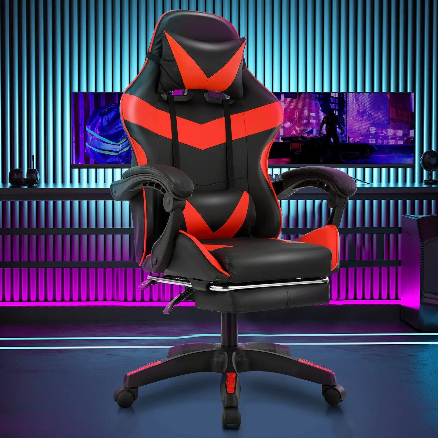Bürostuhl Ergonomisch Gaming Stuhl Massage Gaming Sessel mit Kopfstütze Massage-Lendenkissen, Gepolstert Gaming Chair, Drehsessel,150kg Kapazität,Schwarz Rot