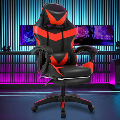 Bürostuhl Ergonomisch Gaming Stuhl Massage Gaming Sessel mit Kopfstütze Massage-Lendenkissen, Gepolstert Gaming Chair, Drehsessel,150kg Kapazität,Schwarz Rot