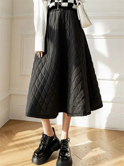 Autumn Winter Cotton Quilted Skirt Warm Womens A-line Faldas Vintage Thicken High Waist Saias Korean Fashion Knee-length Skirts.