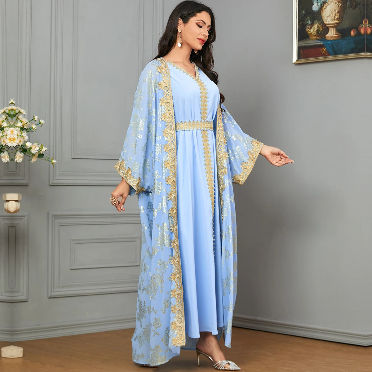 Eid Muslim Party Dress for Women Abaya with Inner Dress 2 Piece Set Jalabiya Ramadan Abayas Robe Caftan Vestidos Largos 2024