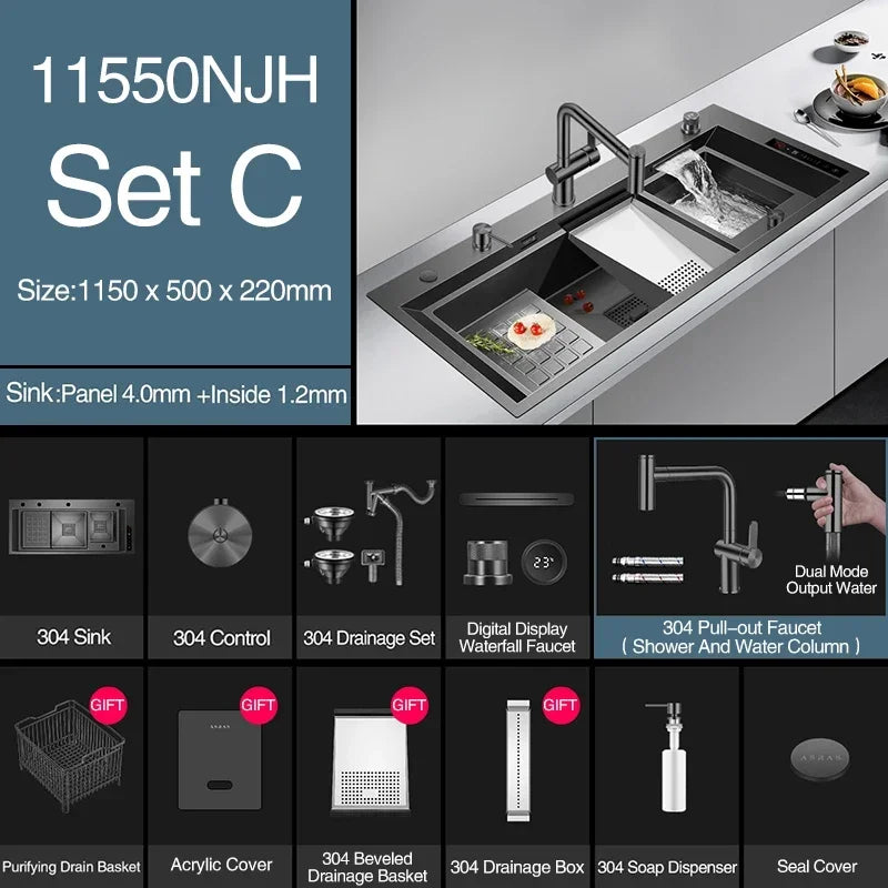 ASRAS 11550 NJH Large Size Smart Purifying Kitchen Sink Handmade Step Sink Ultrasonic Smart Purifying Kitchen Island Sinks