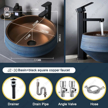 Understated Luxus-Waschbecken aus Metallglasur, Keramik, blaue Muster, Hotel- und Heimwaschbecken, kreative Kunst, Balkon-Waschbecken im Freien