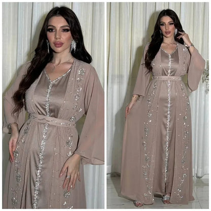 Autumn Fashion Muslim Dresses for Women Muslim Long Sleeve V-neck Party Evening Long Abay Dress Suit Inner and Abaya Outfits