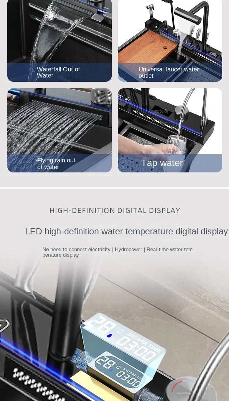 Großes Einzelschlitz-Wasserfallspülbecken aus Edelstahl 304, Digitalanzeige, geprägtes Waschbecken, Haushaltswaschbecken