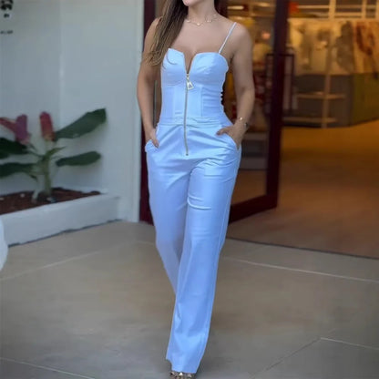 Fashion High Street Sleeveless Jumpsuit For Women 2025 Sexy Spaghetti Strap Bodycon Jumpsuits Office Elegant White Slim Romper.