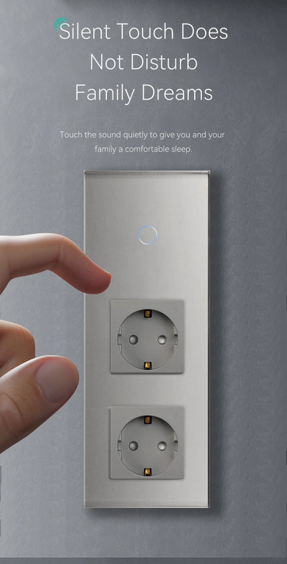 BSEED Touch-Schalter mit EU-Stromsteckdose, graue LED-Wandleuchte, 1/2/3 Gang, 1-Wege-Kristallglas-Panel, dunkelblaue Hintergrundbeleuchtung.