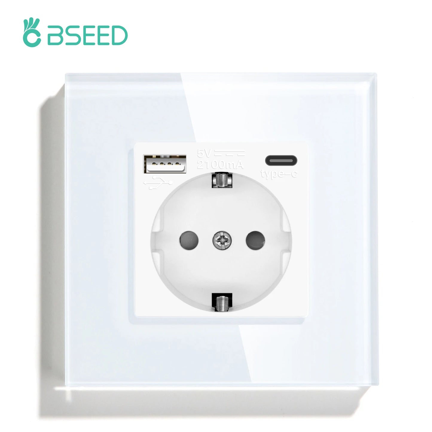 BSEED Touch-Lichtschalter, EU-Standard-Wandsteckdose mit USB Typ-C-Kristallglasscheibe, weiße Farbe, Netzstecker, 1/2/3 Gang-Schalter