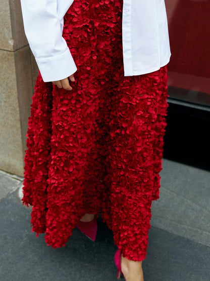 Bornladies Winter Red Fashion Long Petal Skirt Women's Design Inspired Evening Gown Elegant Lady Unique High Waisted Skirt.