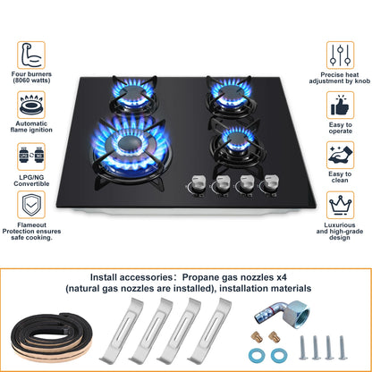 60cm Built-in Gas Hob 4 Burner | Auto Thermocouple & Safety Lock | 4-Zone Tempered Glass 8060W with Auto Ignition.