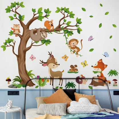 Cartoon tree deer fox monkey sticker for living room kids room decoration self adhesive wall decor.