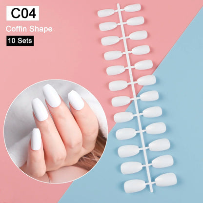 10 Sets/Pack Mixed Solid Colors Coffin Round Square Almond Shape False Nails Full Cover Nail Tips Short Fake Nails Tip Manicure