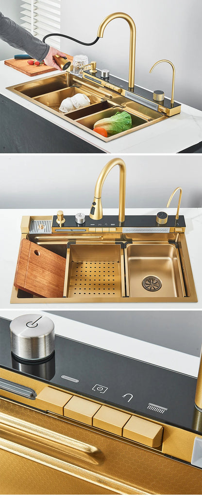 Küchenspüle aus Edelstahl 304 mit Digitalanzeige, Wasserfall-Wasserhahn, multifunktionales 75 x 45 cm großes Wal-Waschbecken mit einem Schlitz