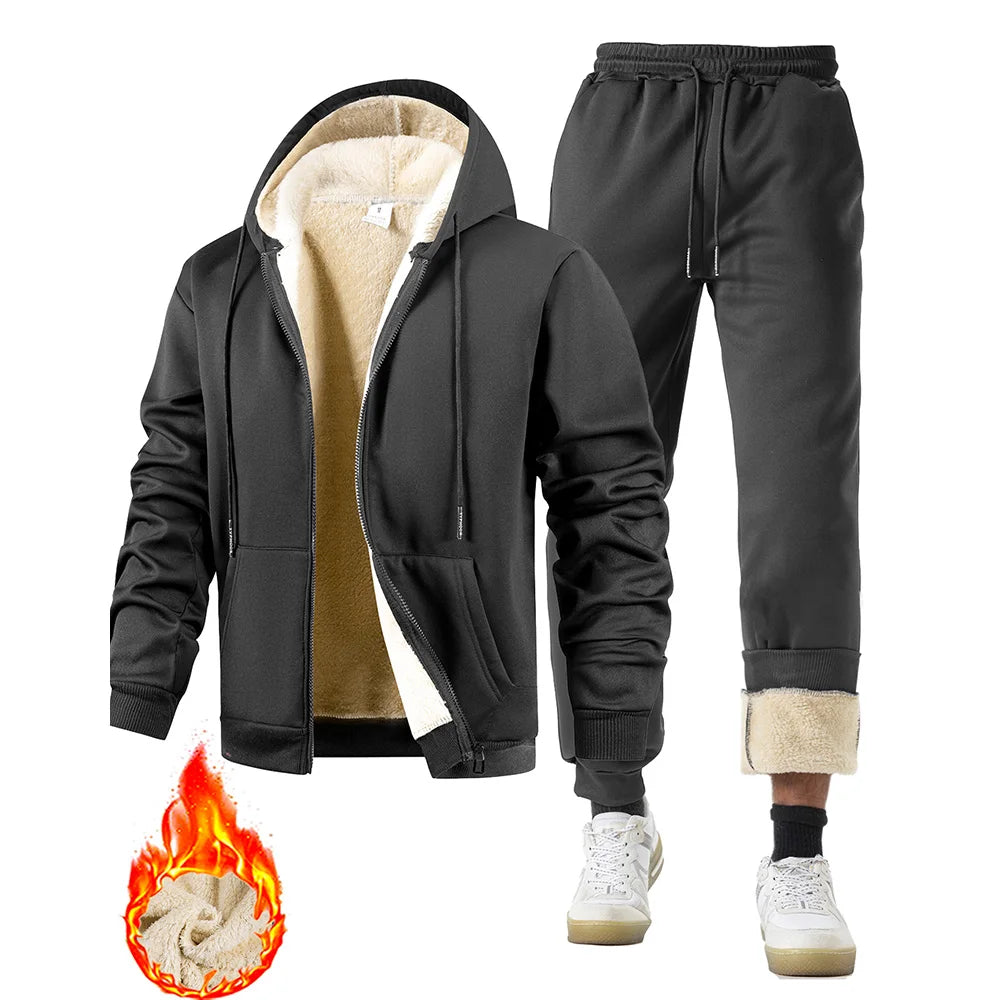 Men's Suit Two-Piece Tracksuit Plush Thickened Warm Sports Jacket+Trousers Sports Suit Winter Outdoor Casual Hoodie Sportswear