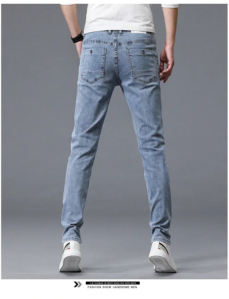 2024 New Men's Skinny Jeans Blue Gray Cotton Elasticity Straight Pencil Foot Slim Fit Fashionable Casual Denim Long Pants Male.