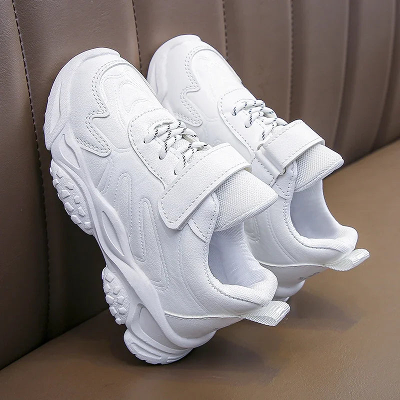 Children White Running Shoes Kids Fashion Sneakers PU Soft Breatheable Comfortable Boys Girls School Sports Shoes Size 26-37.