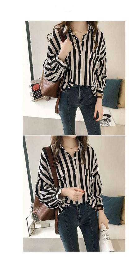 1pcs Woman Spring Autumn Stripe Shirts Lady Casual Long Sleeve Turn-down Collar Loose Shirt Female Chiffon Temperament Tops.