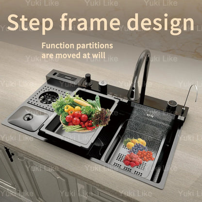 Stainless Steel Kitchen Sink With Waterfall Cup Washer Knife Rack Embossed Extra Large Single Slot Apartment Left Side Drainage