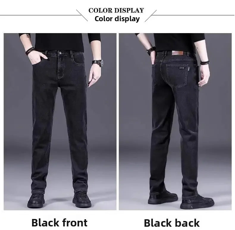 High-End Men's Fleece-Lined Thick Stretchy Straight Leg Jeans 2025 New Style Loose Fit Smoke Grey Trousers for Men.